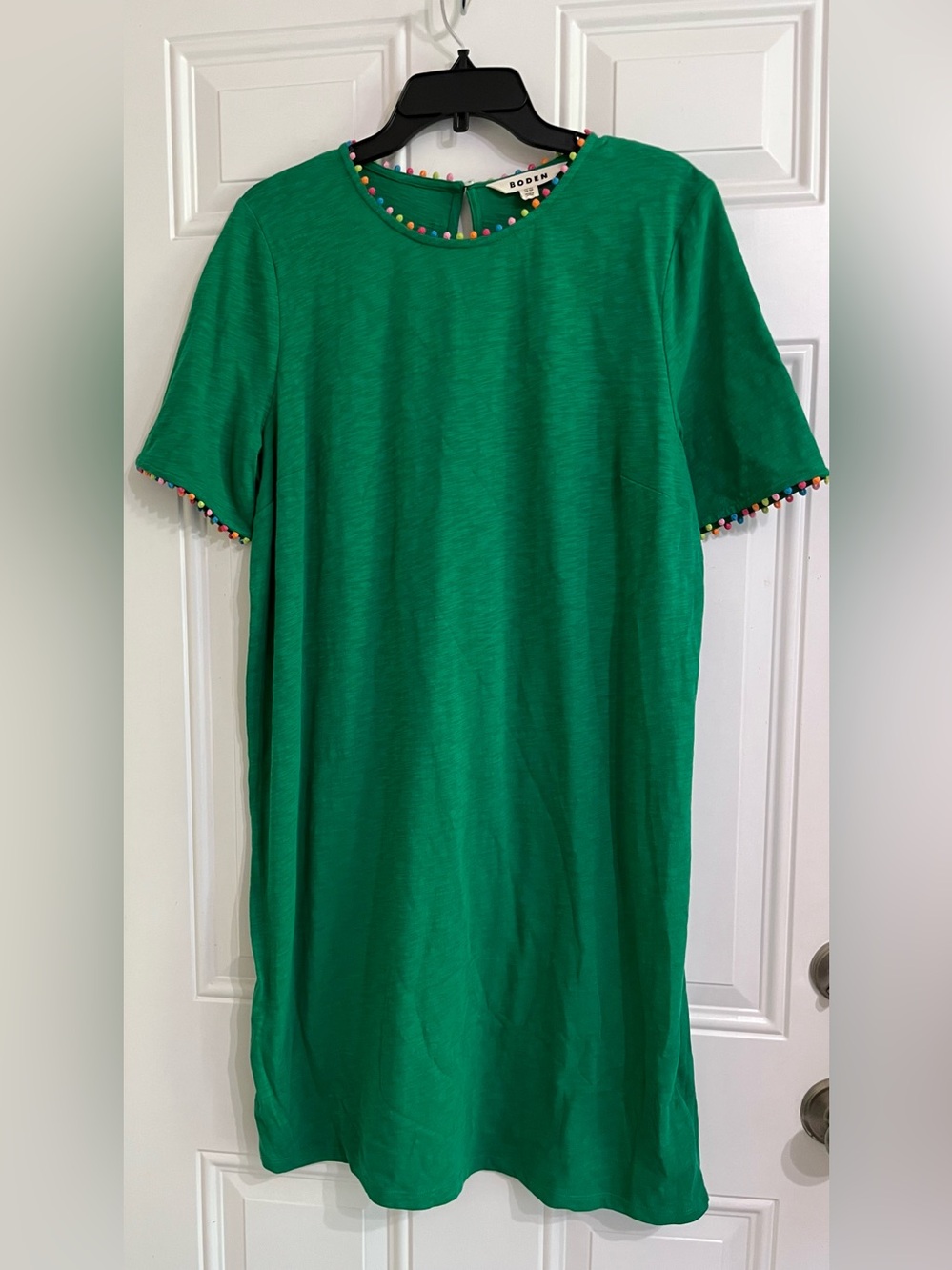 Boden Bridget Pom Pom Jersey Dress Women's 12R Green Preppy Green Bohemian